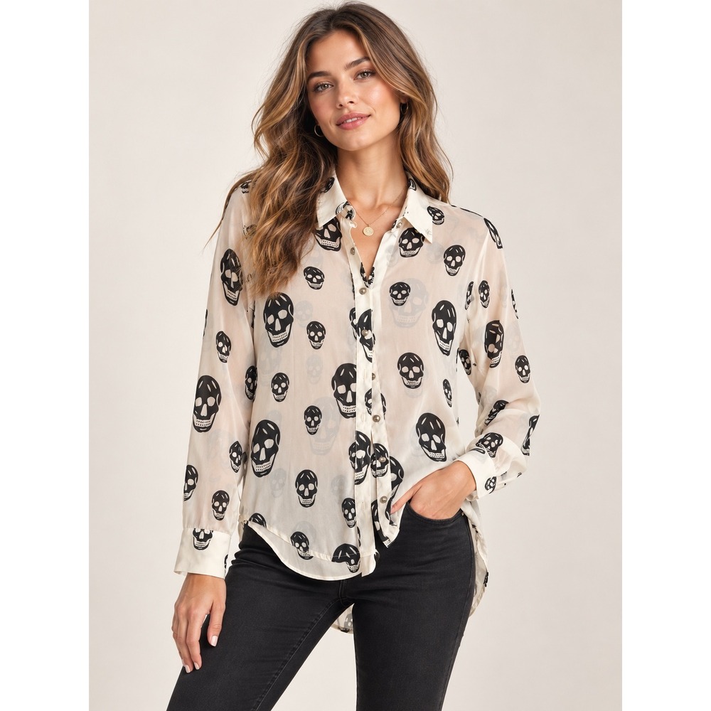 Mono B Young & Chic Skull Print Sheer Button Down Shirt Cream Black Size M NWT